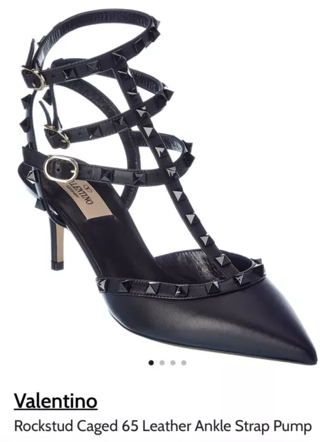 Valentino rockstud  Caged 65 Leather Ankle Strap Pump Kitten Heel 10 GUC Black