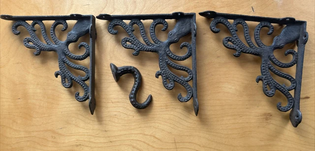 3 Cast Iron Octopus Brackets Nautical Garden Braces Shelf ocean and towel holder