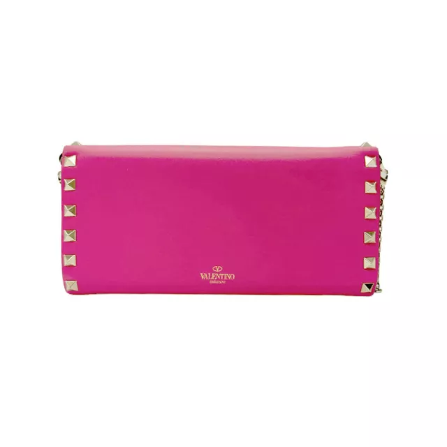 Auth Valentino Garavani Rockstud Chain Wallet Pink Leather/Goldtone - z0735