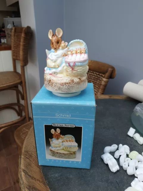 Schmid BEATRIX POTTER MUSIC BOX Hunca Munca Babies. New In Box Brahms Lullaby