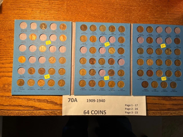 64 Coin 1909  - 1940 Lincoln Wheat Cent Album 09 12 15 15D 16D 16S 25D 32D #70A