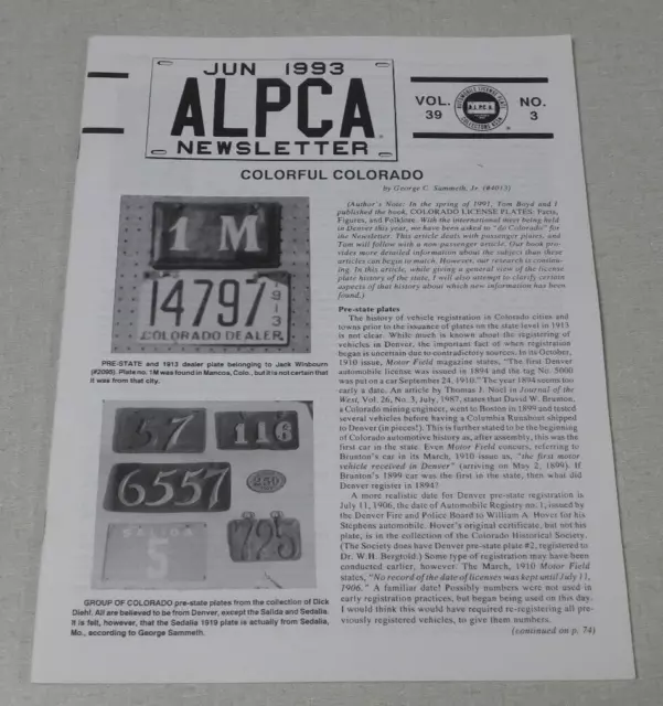 ALPCA Newsletter magazine June 1993 Colorado plates