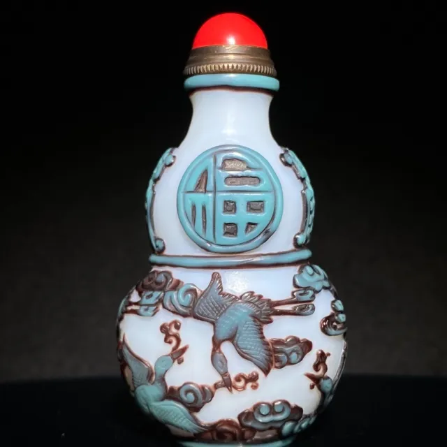 noble Coloured glaze Double layer nesting carved Clouds crane Gourd snuff bottle