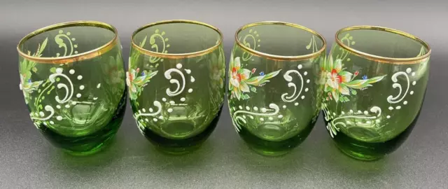 VTG Czech Emerald Green Glass Hand Painted Enameled Flowers Gold Gilt -Set of 4 3