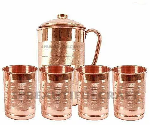 Copper Water Jug Pitcher with 4 Drinking Tumbler Glass 300ML Health Yoga Benefit