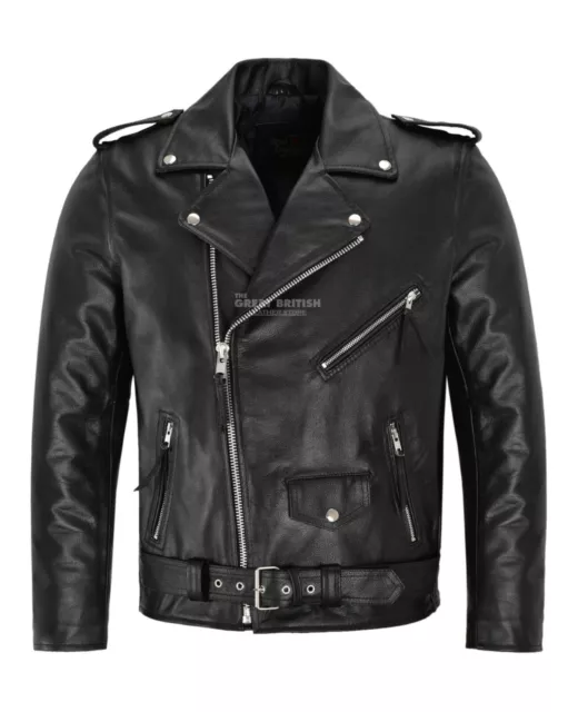 Mens Brando Leather Jacket Motorcycle Perfecto Black Cowhide Marlon Biker Jacket