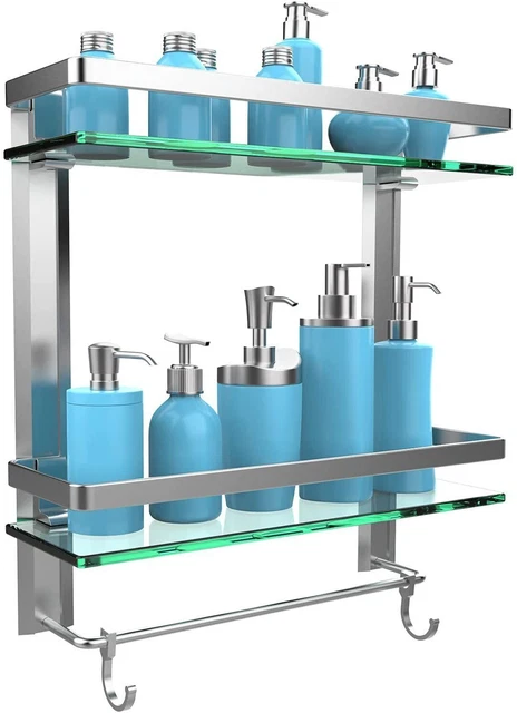 Geekdigg Bathroom Glass Shelf With Towel Bar, 2 Tier Wall Mounted Tempered Glass
