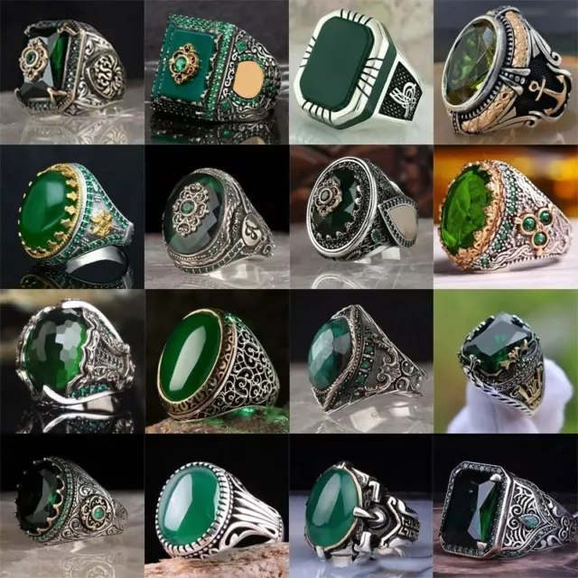 Men's Luxury Rings Retro Turkish Ring Green Gem Inlaid Ancient Jewelry Fashion