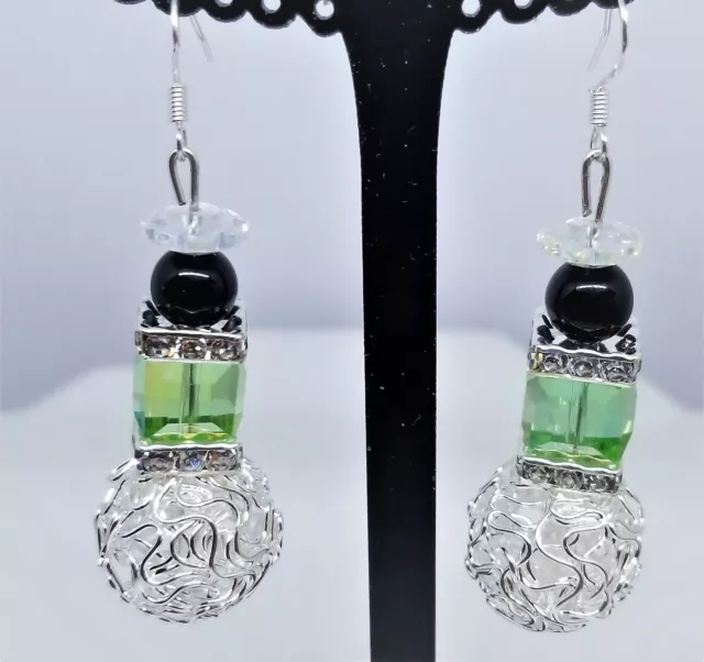 Silver Wire Ball Peridot Green Square Crystal Pierced Earrings Sterling Hooks