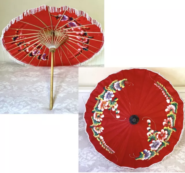 Vintage Retro Red Fabric Hand Painted Oriental Floral Parasol Umbrella Fringe