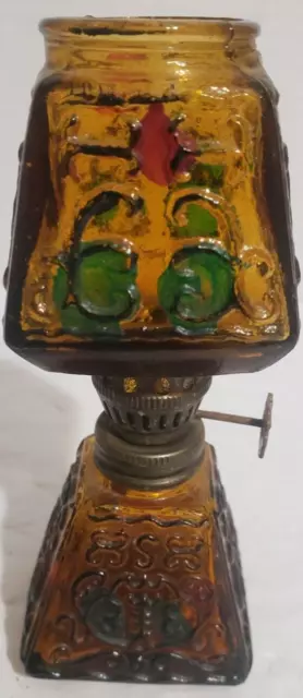 Vintage Glass Amber Green Red/Stained Glass Look Oil Lamp Made In Hong Kong 5"T