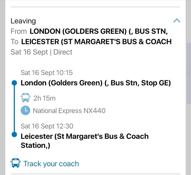 National Express Coach ticket 16 April 10:15  London Golders Green to Leicester