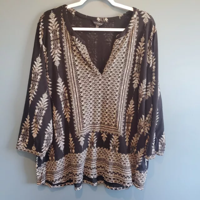 Lucky Brand Women's 3X Black Patterned Boho Style 3/4 Sleeve Top V Neck Blouse