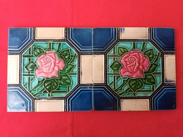 2 Pieces Old Art Flower Design Embossed Majolica Ceramic Tiles Japan 0012