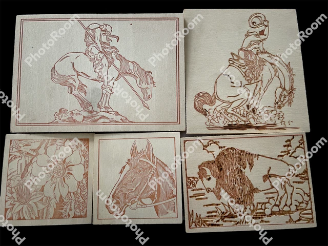 5 Rapco de colección? Juego de Quemadera ESCENA OCCIDENTAL TARJETA DE PANEL DE BLOQUE CABALLO BÚFALO