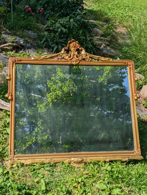 Large Antique/Vintage Ornate Gold Wood Hanging Wall Mirror Tassels & Ribbon