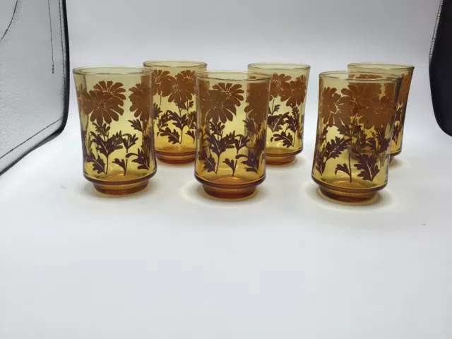 Vintage Set Of 6 3.5" Libbey Brown/Amber Ombre Daisy Juice Glasses MCM