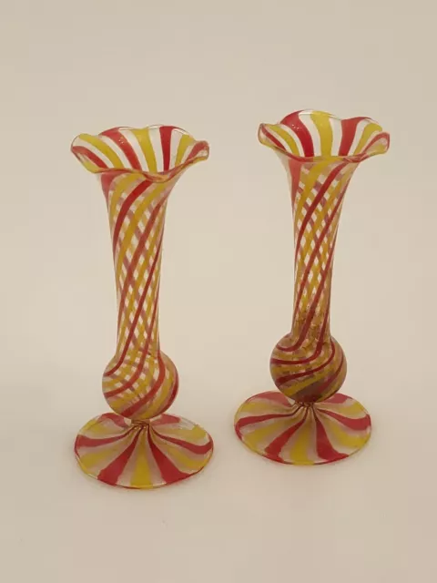 Pair Of Art Glass Small Vases Very Thin Glass Red & Yellow Stripe