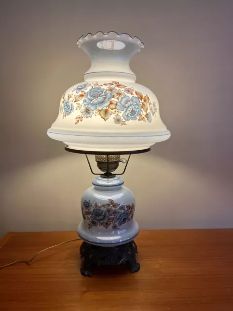 Vintage L&L WMC GWTW Blue Floral Glass Shade Hurricane Lamp, 17 1/2" High 3