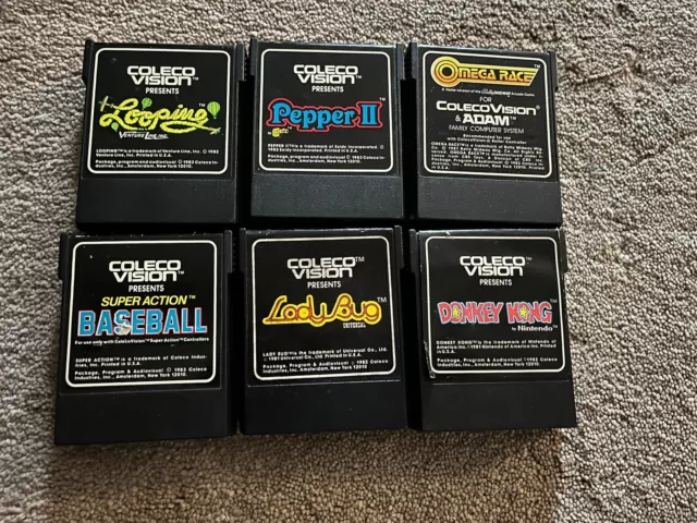 Lot of 6 ColecoVision Games (Cart Only)-Baseball, Donkey, Pepper II & Omega Race