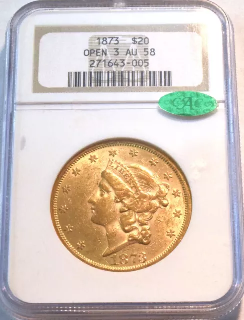 1873 $20 NGC AU 58 CAC Gold Liberty Double Eagle, Better Type 2 Twenty Dollar