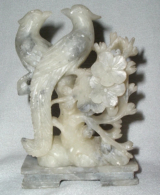 Antique Hand Carved JADE Chinese Fenghuang Phoenix Birds Flowers & Tree GROUPING