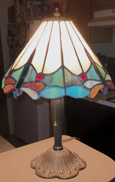 Vintage Tiffany Style Dragonfly Table Lamp Colorful Stained Glass Rare Shade