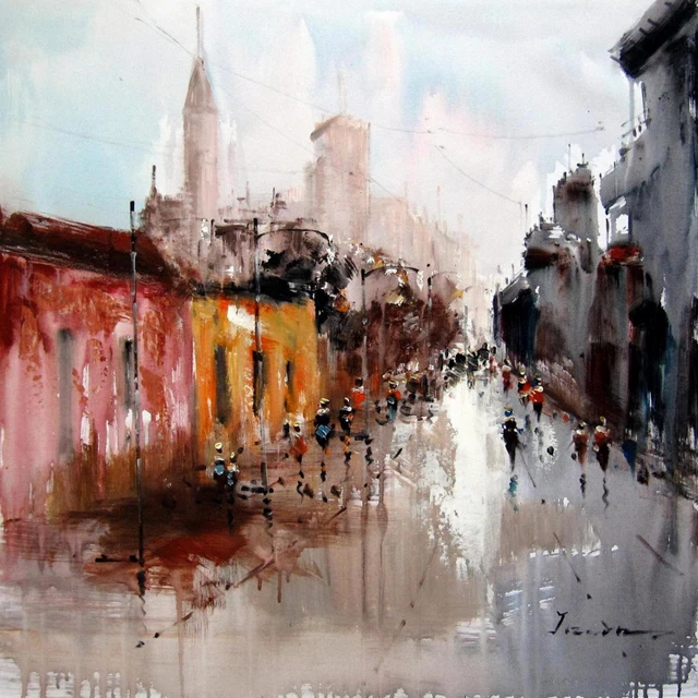 28x28 inches Street scene stretched Oil Painting Canvas Handmade Art Wall Dec003