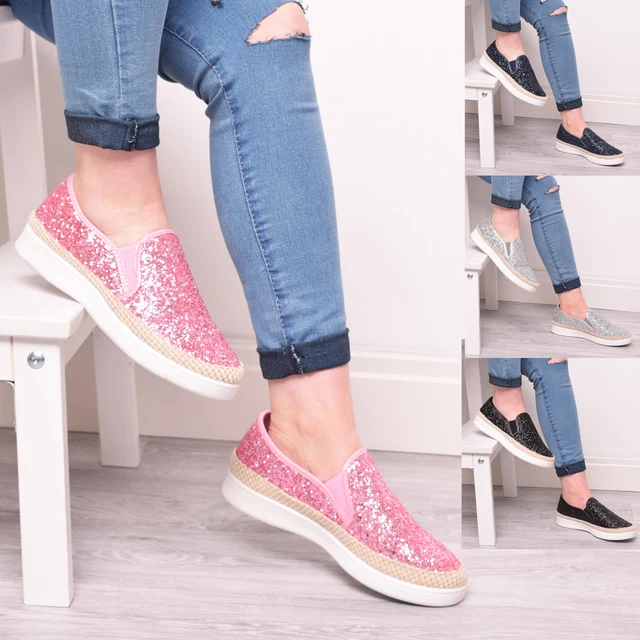 Ladies Girls Glitter Trainers Pumps Sneakers Summer Slip On Fashion Shoes Sizes