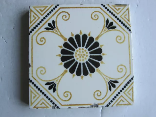 ANTIQUE VICTORIAN MINTONS BLACK & GOLD AESTHETIC  DESIGN WALL TILE c1885