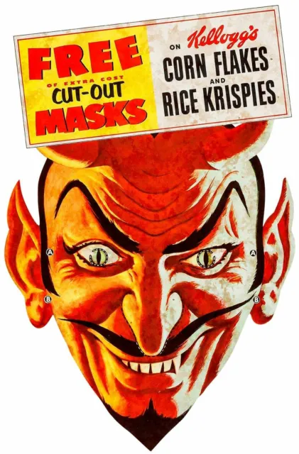 Kelloggs Corn Flakes Rice Krispies Devil Mask Heavy Duty Usa Made Metal Adv Sign