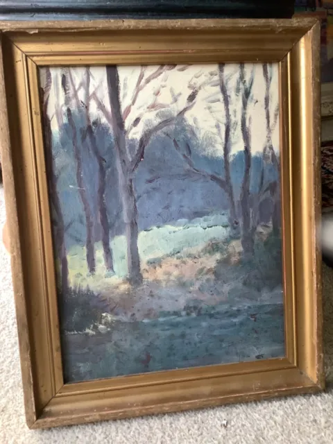 Small antique impressionist oil painting landscape river trees framed