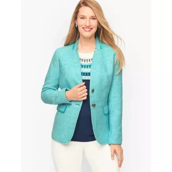 Talbots Classic Shetland Blazer Bicolor Herringbone Blue Size 6 Wool