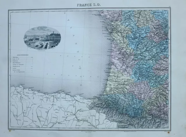 1890 Hand Coloured Map France South West Bordeaux Vignette Gironde Pyrenees