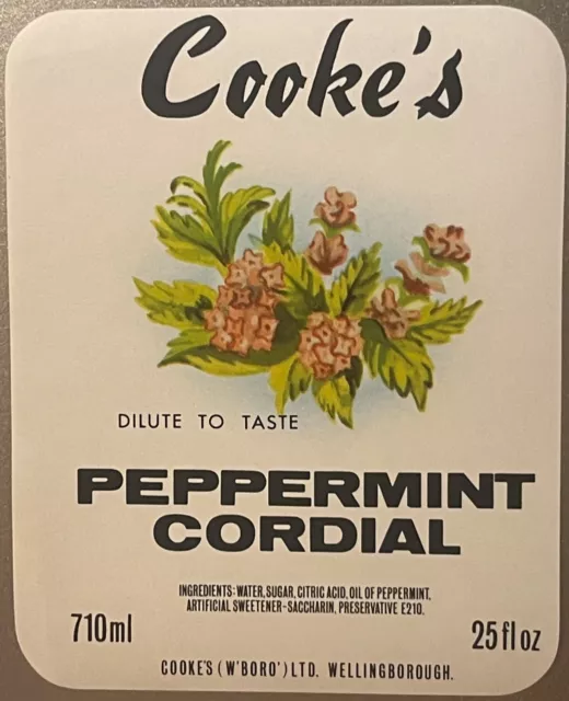 Antique Vintage Cooke's Peppermint Cordial Label, Wellingborough, England 1940s