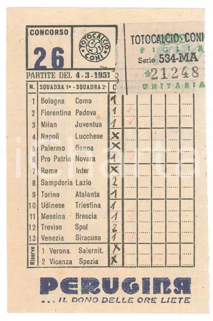 1951 CONI Schedina giocata TOTOCALCIO Concorso 26 figlia unitaria PERUGINA