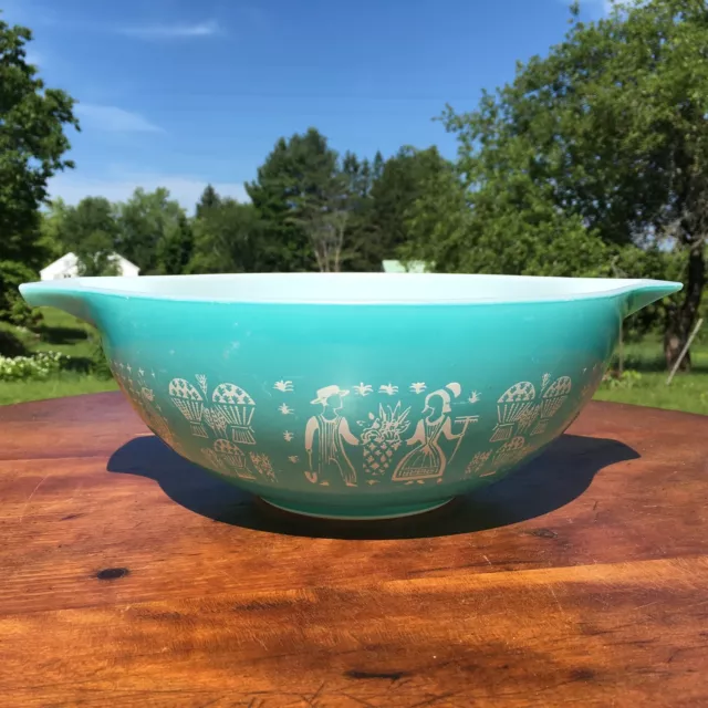 Vintage Pyrex Turquoise Amish Country Butterprint 4 Quart Glass Mixing Bowl