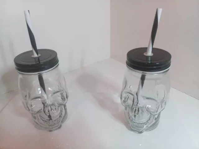 Skull Mason Jar Mug Glass Tumbler Cup with Cover and Straw - 16oz, Set of 2