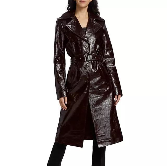 NWT New HELMUT LANG Patent Genuine Leather Trench Coat Belted Wine Sz M $1690