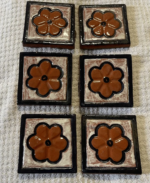 Antique Mexican 3.5” Tile Handmade Coasters Flower Blue White Glaze Wall Tile