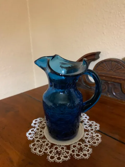 Vintage Small Blue Hand Blown Crackle Glass Pitcher