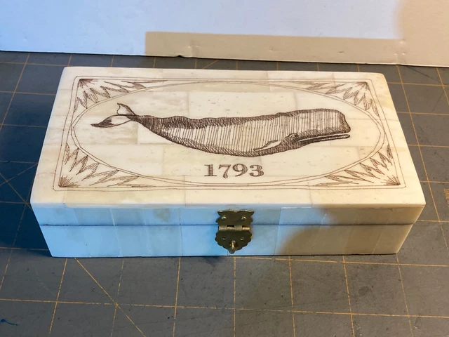 Whale 1793 Scrimshaw Bone Trinket Jewelry Box Antique Reproduction