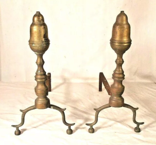 ANTIQUE EARLY 19th CENTURY LEMON TOP BALL FOOT BRASS ANDIRONS