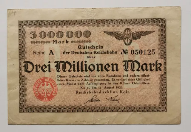 Notgeldschein Köln, Dt. Reichsbahn, 3 Mio. Mark, 1923, gebr.