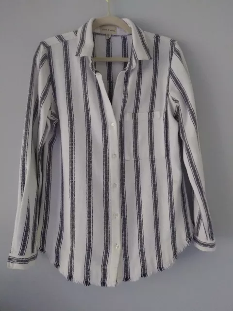 Anthro Cloth & Stone M Oversized Frayed Hem Button Down Shirt Blue White Stripe