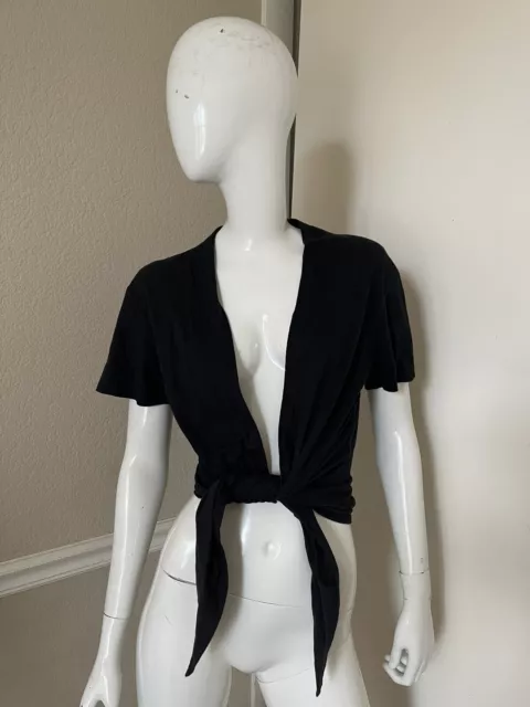 LUNA LUZ Black Cotton/Lycra Short Sleeve Wrap & Tie Top Sz S