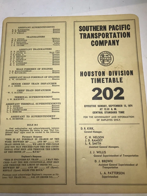 1974 Timetable 202 Houston Division Southern Pacific Transportation Company