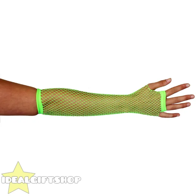 Long Green Neon Fishnet Gloves Mesh Net Fingerless 1980'S Fancy Dress Hen Party
