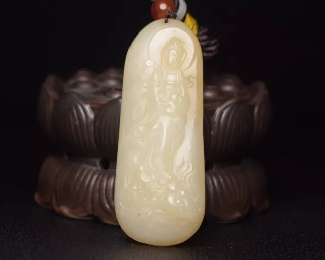 Collection Chinese Natural Hetian Jade Carved Kwan-yin Statue Pendant Jewelry