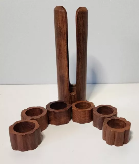 Vintage MCM Teak Wood Napkin Rings (6) with Holder by JCS Company
